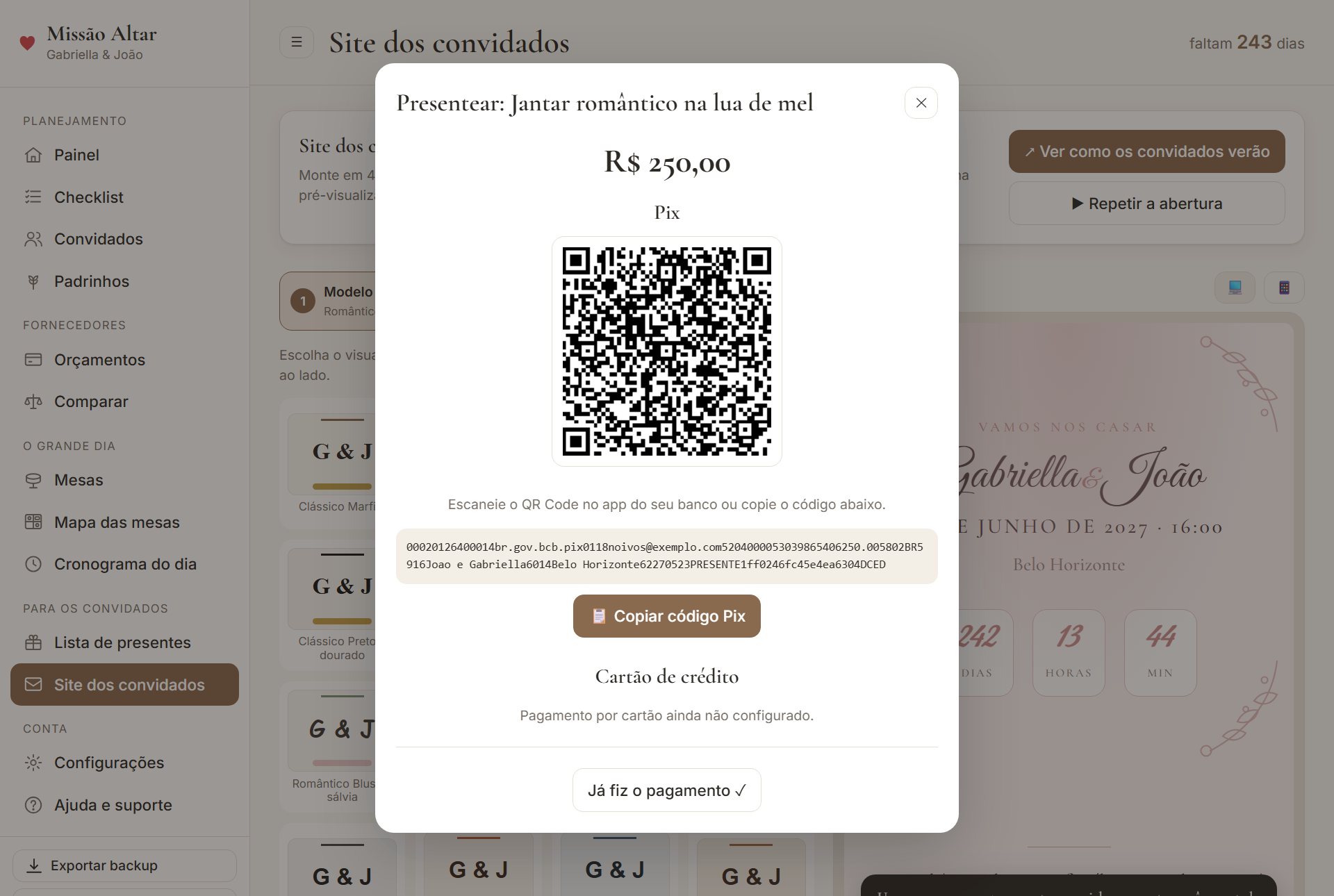 Site dos convidados com QR Code Pix para presentear